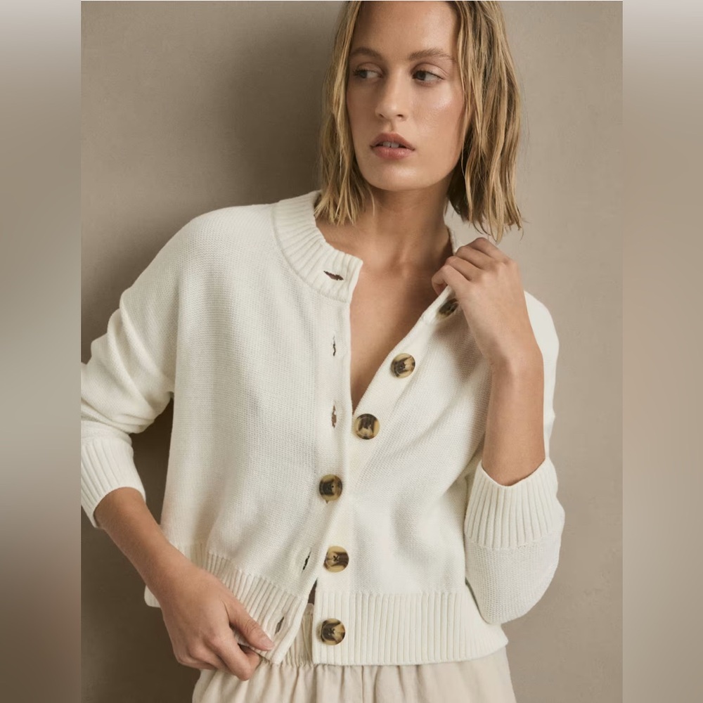 Quince 100% Organic Cotton Cropped Cardigan, size small, white/ivory